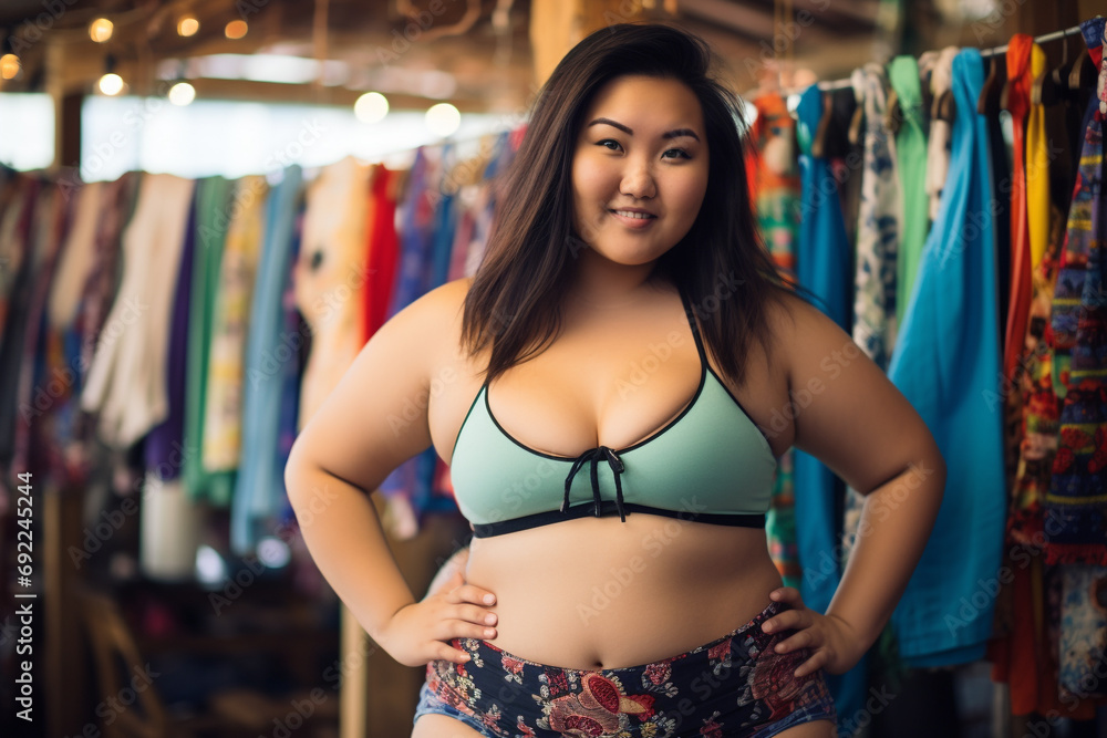 Graceful Asian Plus-Size Woman in Vivid Floral Swimwear by the Poolside