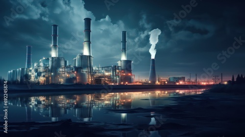 Illustration of nuclear power plant at night. Landscape view of nuclear power plant.