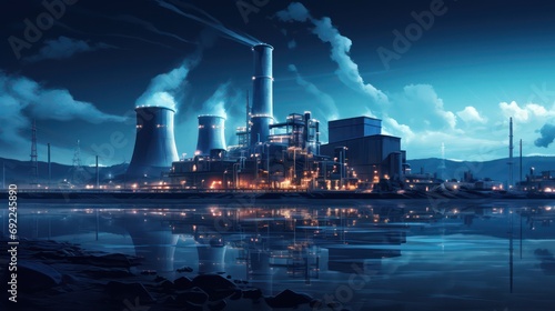 Illustration of nuclear power plant at night. Landscape view of nuclear power plant.