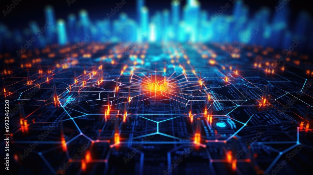 futuristic visualization of a fingerprint emerging from a digital circuit board, representing the integration of biometric data into the core of cyber technology. Generative ai