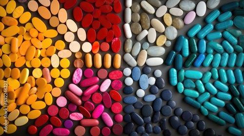 Conceptual photo pill organizer filled with assortment of colorful pills arranged to create vibrant mosaic. Image represents daily routine of managing medications. Generative ai