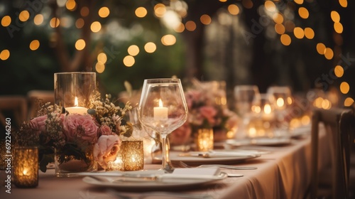 Wedding table adorned with rustic-chic decor, including vintage-inspired centerpieces, handwritten place cards, and fairy lights. Wedding romance as the table exudes charm . Generative ai