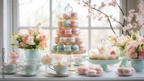 Vibrant spring picnic with a focus on floral arrangements  featuring a table adorned with pastel-colored flowers  vintage dishes  and a selection macaroons. Generative ai