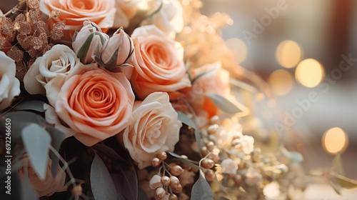 Arranged wedding bouquet placed on beautifully decorated table  set against the backdrop of a romantic wedding venue. Atmosphere love  celebration bouquet elegant surroundings. Generative ai