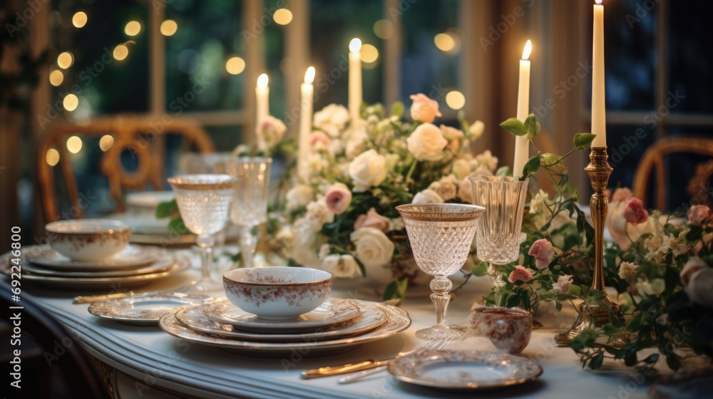 Wedding table set with delicate china, crystal glasses, and lush floral centerpieces. Sophistication and celebration as the table becomes a canvas for love and joy. Generative ai