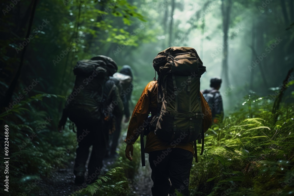 Exotic Wildest Journey: A Group of Explorers Embarks on a Vivid Rainforest Trek, Surrounded by Vibrant Flora and Exotic Wildlife, Illuminated by the Dynamic Light of a Misty Morning Trekking