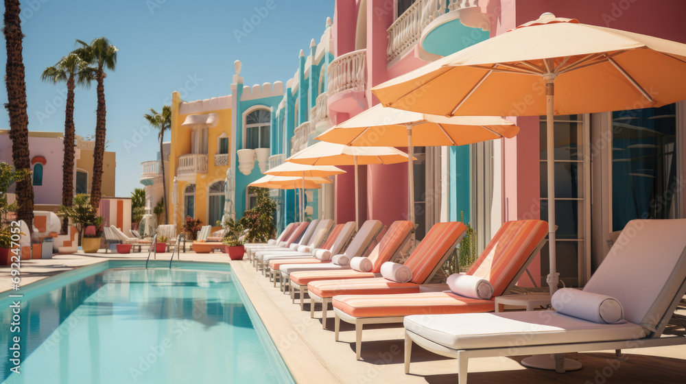 Playful rooftop pool of a pastel hotel, aerial shot, with pastel-colored lounge chairs, umbrellas, and vibrant tiles, guests enjoying a sunny day. Generative ai