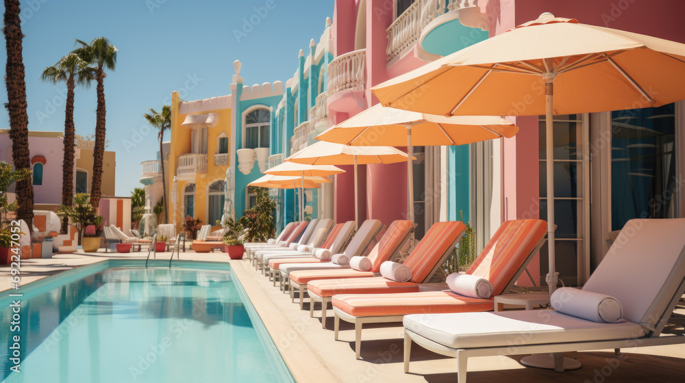 Fototapeta premium Playful rooftop pool of a pastel hotel, aerial shot, with pastel-colored lounge chairs, umbrellas, and vibrant tiles, guests enjoying a sunny day. Generative ai