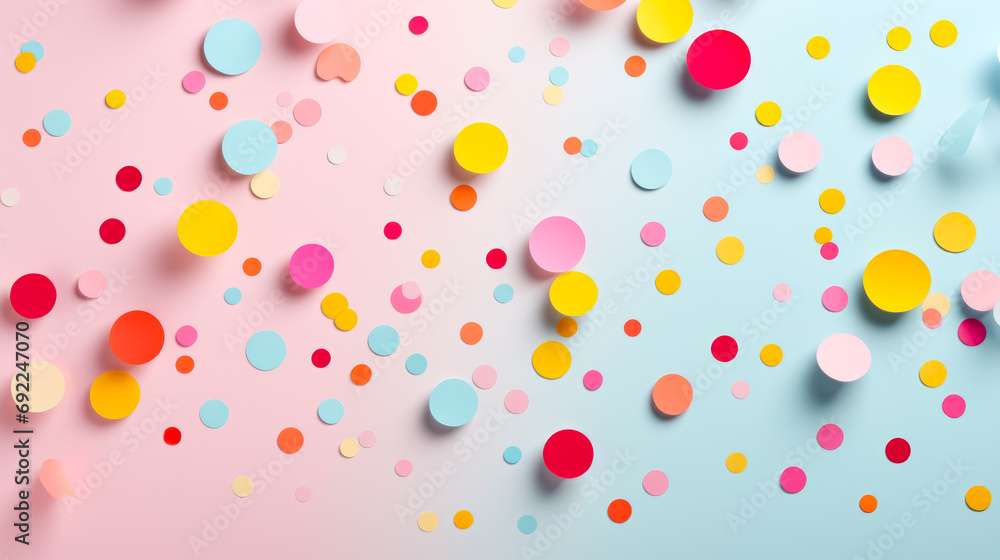 Whimsical pastel polka dot background, scattered dots in candy colors, perfect for a children's book cover or a lively social media post. Generative ai.