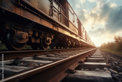 Ground-Level Halt: A Low Angle Photo Capturing the Detail of a Train Stopped Along the Track - A Still Moment in Railway Architecture and Transportation Infrastructure.