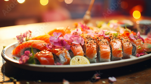 Plate of assorted sushi rolls, close-up shot, chopsticks resting on the side, traditional Japanese setting, minimalist composition, fish details visible, sushi food. Generative ai.
