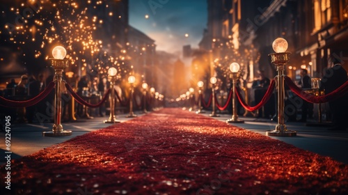 Star-studded red carpet event comes to life as celebrities and VIPs grace the entrance. Paparazzi swarm, capturing every moment frenzy of camera flashes. Red carpet exudes opulence. Generative ai photo
