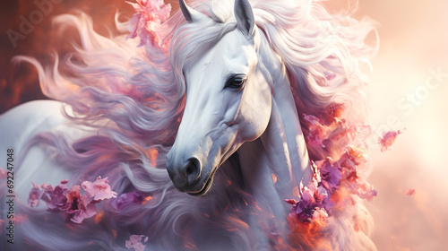 Captivating unicorn portrait  horse  close-up shot  adorned with holographic paint flowing gracefully down its majestic mane and coat. Generative ai