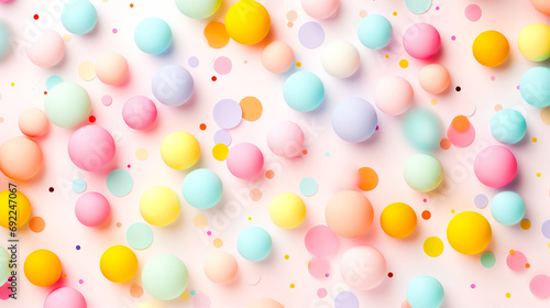 Whimsical pastel polka dot background, scattered dots in candy colors, perfect for a children's book cover or a lively social media post. Generative ai. photo