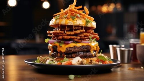 Vegan burger, top-down shot, colorful layers of plant-based ingredients, avocado slices, beetroot, and vegan cheese, modern plate presentation, vibrant and fresh. Generative ai.