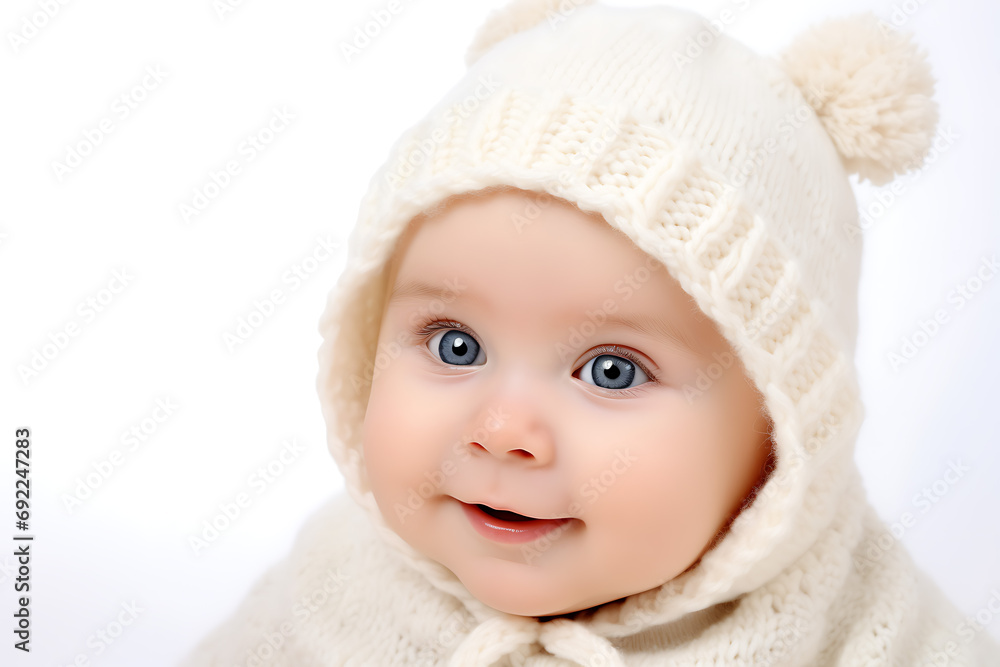 portrait of a cute baby in a knitted soft cap isolated on a white background portrait of a cute baby in a knitted soft cap isolated on a white background