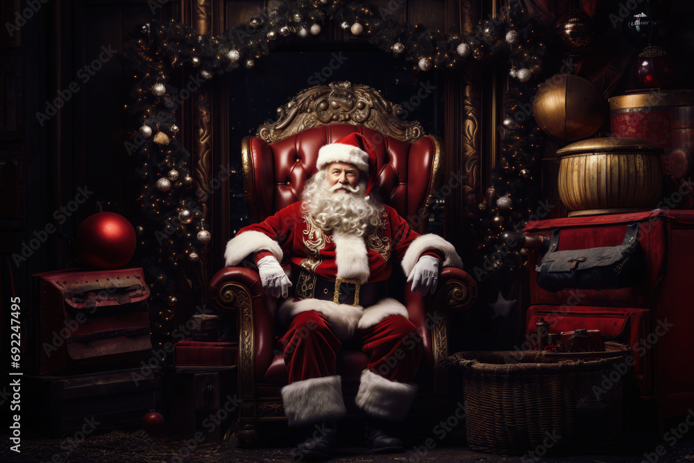 Santa Claus in red suit and white beard sits on red leather throne, surrounded by Christmas ornaments and gifts. Festive atmosphere and holiday theme portrayed, reinforcing Christmas spirit.