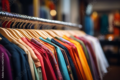 blurred background of a clothing store, colorful clothes hanging on hangers