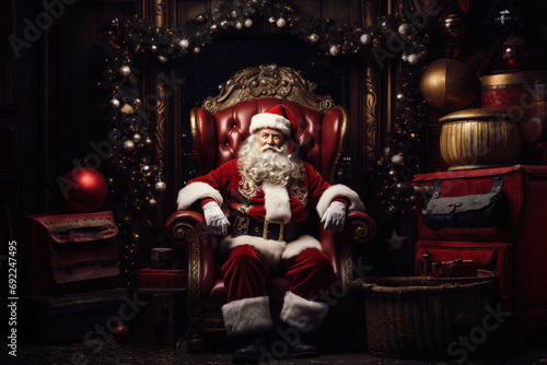 Santa Claus in red suit and white beard sits on red leather throne, surrounded by Christmas ornaments and gifts. Festive atmosphere and holiday theme portrayed, reinforcing Christmas spirit.
