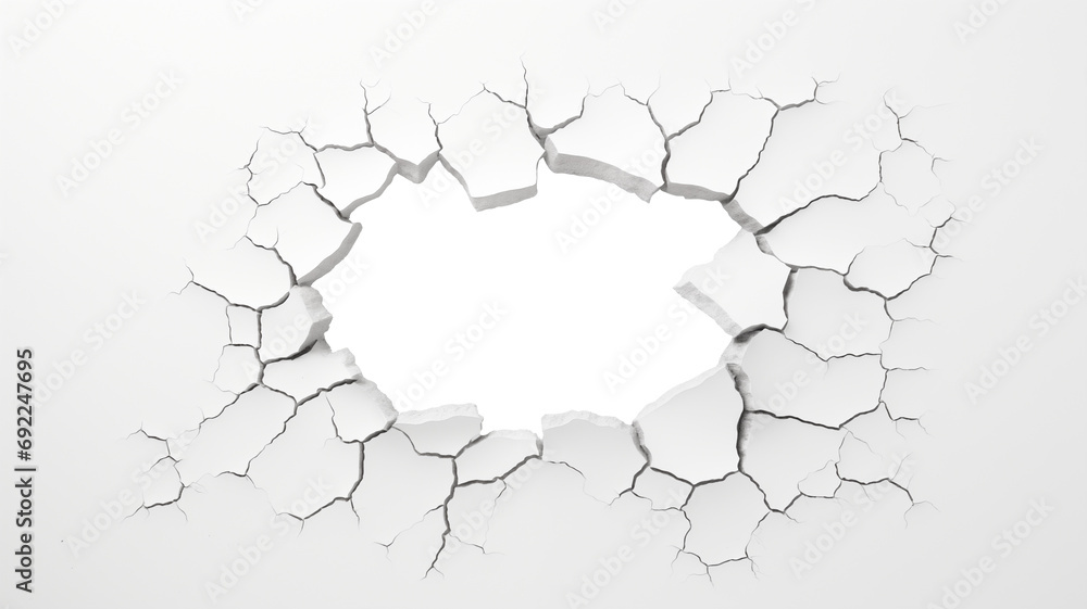 Cracked hole, transparent hole in the wall, broken white wall with a transparent hole in the center - obrazy, fototapety, plakaty 