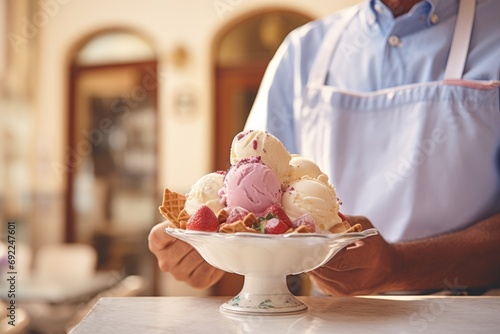 Gelato Gems of Sicily: Exploring Artisanal Ice Cream Parlors in the Bowl with Fresh Fruit Flavors in the Heart of Italy. photo