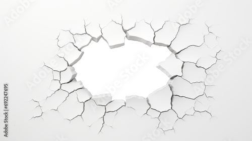 Cracked hole, transparent hole in the wall, broken white wall with a transparent hole in the center