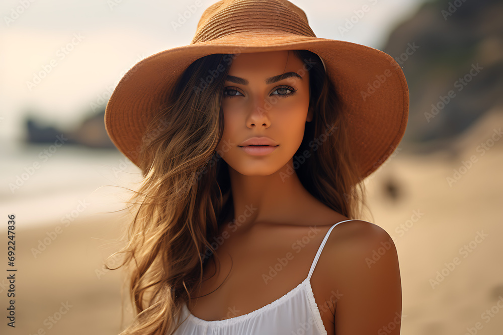 portrait of a beautiful young woman with dark hair in straw hat looking at the camera on summer beach background
