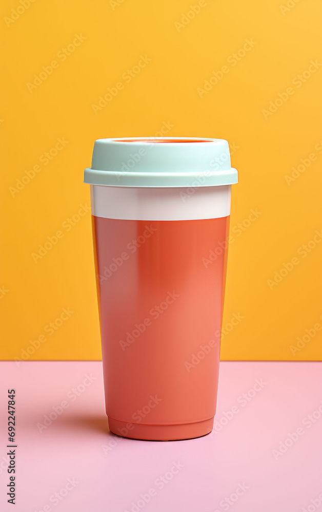 A two-toned coffee cup with a pastel lid adds a pop of color against a yellow background, perfect for a bright start to the day. A two-toned coffee cup with a pastel lid adds a pop of color against a yellow background, perfect for a bright start to the day.