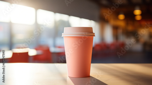 A solitary peach-colored coffee cup stands on a table  basking in the soft glow of a cafe   s ambient light  creating a welcoming mood for a coffee break. Peach Fuzz 