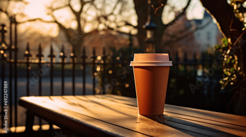 A takeaway coffee cup enjoys the last rays of a setting sun on a park bench, a tranquil end to a bustling day in the city.