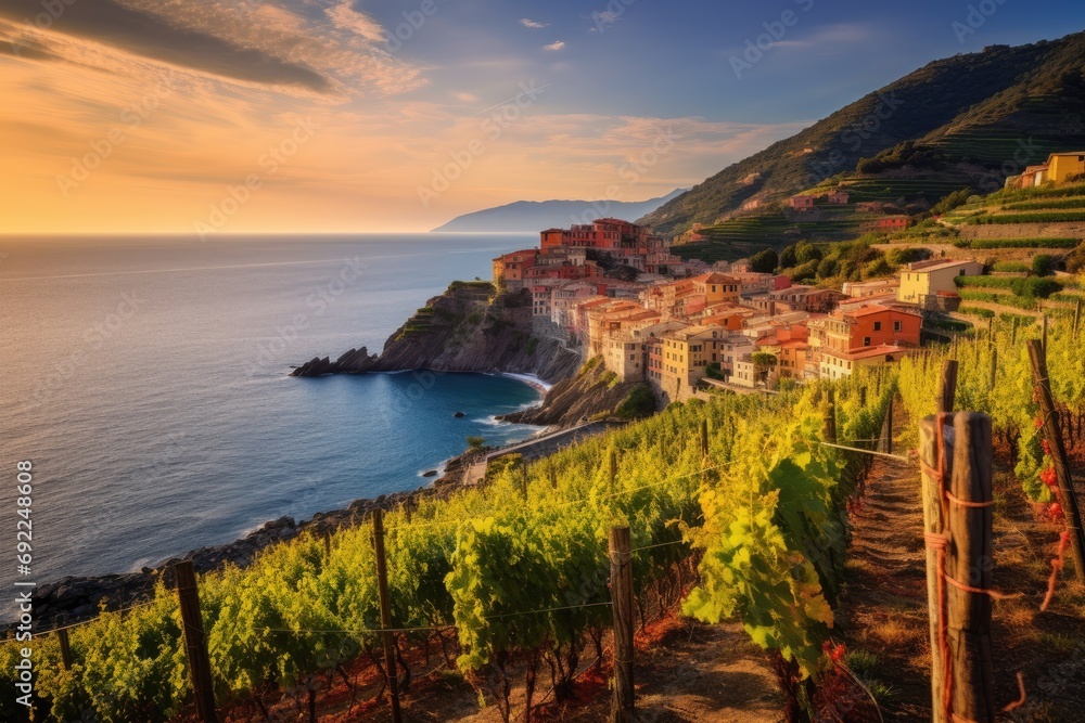 Journey Through Cinque Terre: Experience the Enchantment of the Cellar Door, the Stunning Mediterranean Sea, and the Picturesque Italian Coastal Landscape with Vineyards.