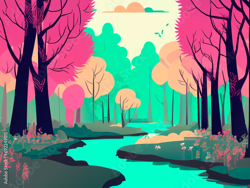 ilustracion bosque con rio atravesando tonos pastel photo