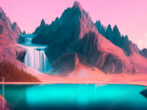 paisaje de montaña realista con lago y una cascada al fondo tonos pastel photo