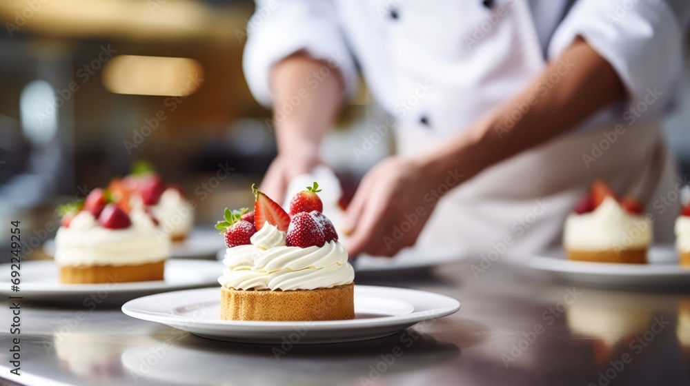 Φωτογραφία Celebration Elegance: Close-Up of Chef in Commercial Kitchen Artfully Preparing Tiny Birthday Cake with Red Fruits, A Cheesecake Extravaganza for a Meal That Balances Freshness and Flavor