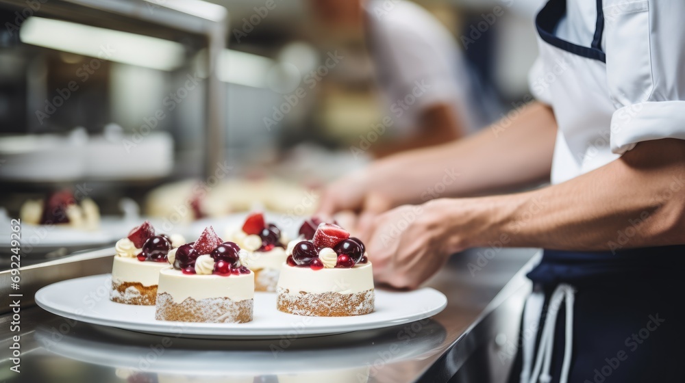 Φωτογραφία Celebration Elegance: Close-Up of Chef in Commercial Kitchen Artfully Preparing Tiny Birthday Cake with Red Fruits, A Cheesecake Extravaganza for a Meal That Balances Freshness and Flavor