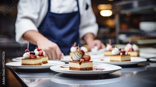 Celebration Elegance: Close-Up of Chef in Commercial Kitchen Artfully Preparing Tiny Birthday Cakes with Fruits, A Cake Extravaganza for a Meal That Balances Freshness and Flavor