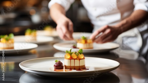 Crafting Culinary Magic: Chef's Artful Preparation of Cheesecake Topped with Fresh Apricot and Mint Leaves- A Tempting Dessert to Satisfy Every Sweet Tooth.