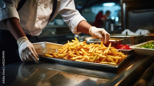 Golden Perfection: French Fries Masterfully Crafted by a Professional Chef in a State-of-the-Art Kitchen, Delivering a Culinary Experience That Exceeds Expectations.
