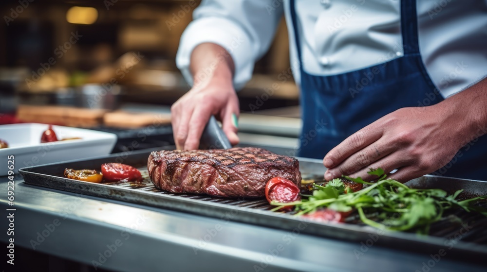 Exquisite Steak Presentation: A Chef in a Commercial Kitchen is Captured in a Close-up, Expertly Placing a Grilled Steak for Service, Showcasing Barbecue Excellence and the Flavor of Veal.