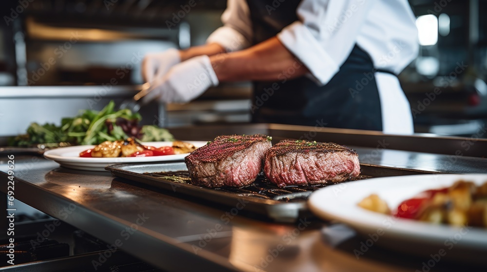 Exquisite Steak Presentation: A Chef in a Commercial Kitchen is Captured in a Close-up, Expertly Placing a Grilled Steak for Service, Showcasing Barbecue Excellence and the Flavor of Veal. Exquisite Steak Presentation: A Chef in a Commercial Kitchen is Captured in a Close-up, Expertly Placing a Grilled Steak for Service, Showcasing Barbecue Excellence and the Flavor of Veal.