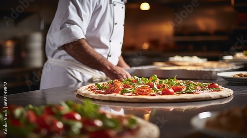 Pizza Fusion Delight: Close-Up of Chef in Commercial Kitchen Preparing Pizza for Service, Blending Italian Tradition and American Flair in Culinary Artistry, Plating, and Presentation.