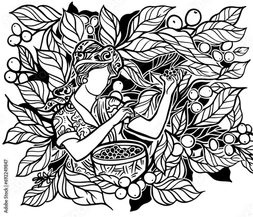 coffee tree and farmer of ink drawing sketch on background for label packaging, poster, banner, brochure, art print, painting illustration, book cover, book illustration 