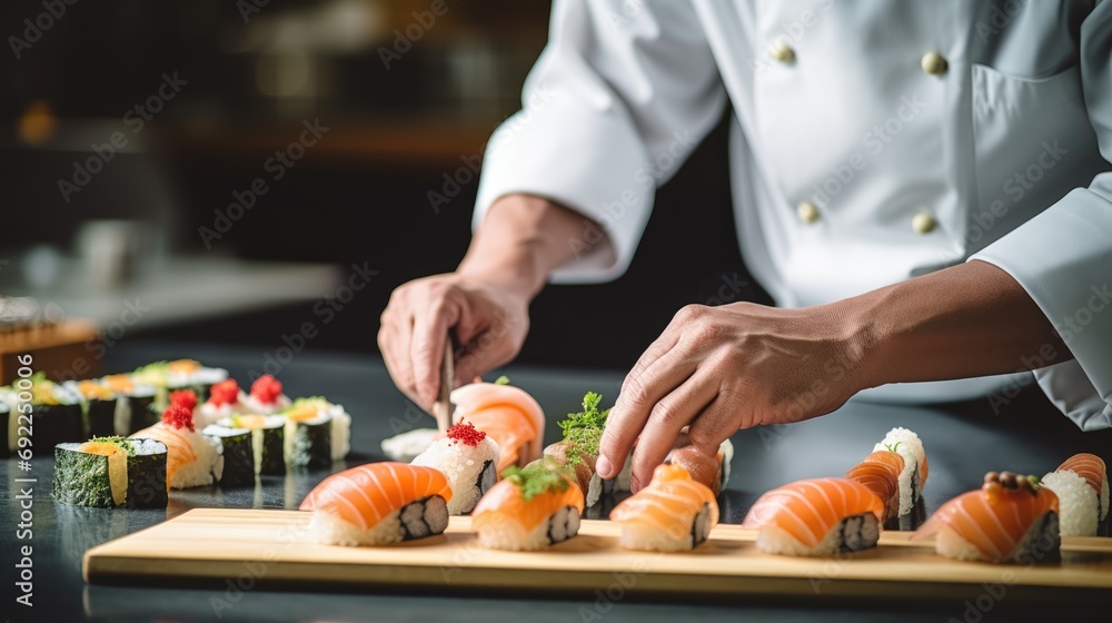 Sushi Preparation: Close-Up of Chef in Commercial Kitchen Artfully Preparing Sushi for Service, Offering a Culinary Experience That Balances Precision, Freshness, and Japanese Culinary Tradition