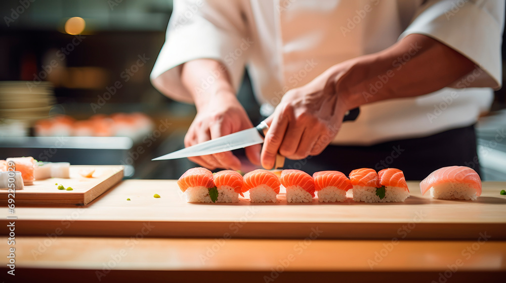 Sushi Preparation: Close-Up of Chef in Commercial Kitchen Artfully Preparing Sushi for Service, Offering a Culinary Experience That Balances Precision, Freshness, and Japanese Culinary Tradition Sushi Preparation: Close-Up of Chef in Commercial Kitchen Artfully Preparing Sushi for Service, Offering a Culinary Experience That Balances Precision, Freshness, and Japanese Culinary Tradition