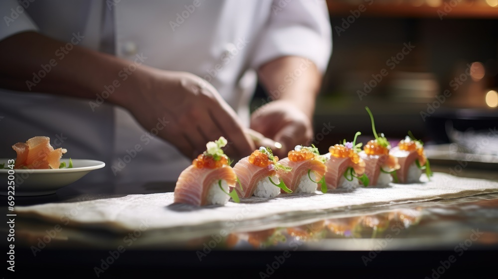 Sushi Preparation: Close-Up of Chef in Commercial Kitchen Artfully Preparing Sushi for Service, Offering a Culinary Experience That Balances Precision, Freshness, and Japanese Culinary Tradition