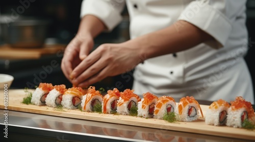 Sushi Preparation: Close-Up of Chef in Commercial Kitchen Artfully Preparing Sushi for Service, Offering a Culinary Experience That Balances Precision, Freshness, and Japanese Culinary Tradition