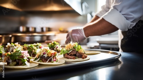 Gourmet Taco Extravaganza: Chef in Commercial Kitchen Close-Up, Skillfully Preparing Tacos for Service, Unveiling a Visual and Flavorful Feast with Emphasis on Artful Plating.




 photo