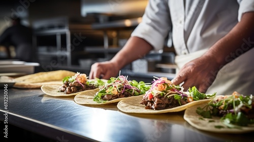 Gourmet Taco Extravaganza: Chef in Commercial Kitchen Close-Up, Skillfully Preparing Tacos for Service, Unveiling a Visual and Flavorful Feast with Emphasis on Artful Plating.