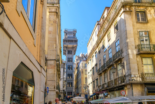 View of the Santa Justa Lift or the Carmo lift elevator in the historic center of Lisbon, Portugal connecting Baixa district with Largo do Carmo. 