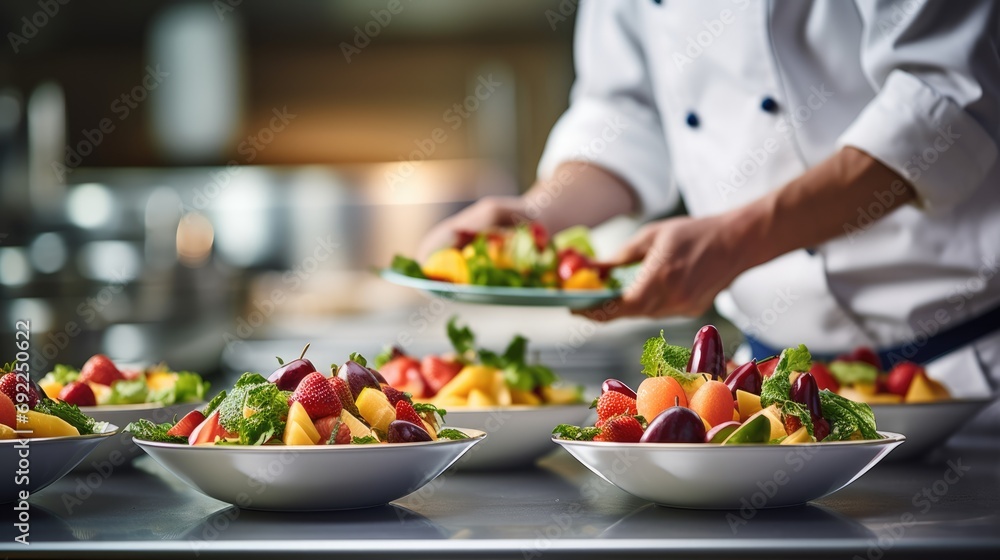 Fruitful Mastery: Close-Up of Chef in Commercial Kitchen Expertly Preparing Fresh Fruit for Service, Crafting a Culinary Masterpiece with Precision and Gourmet Flair.

